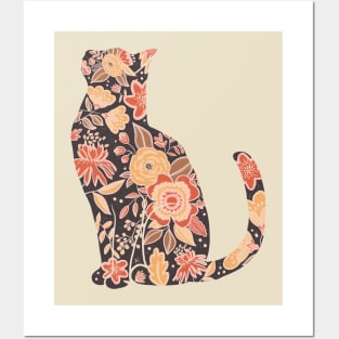 Floral cat, botanical cat sitting neutral Posters and Art